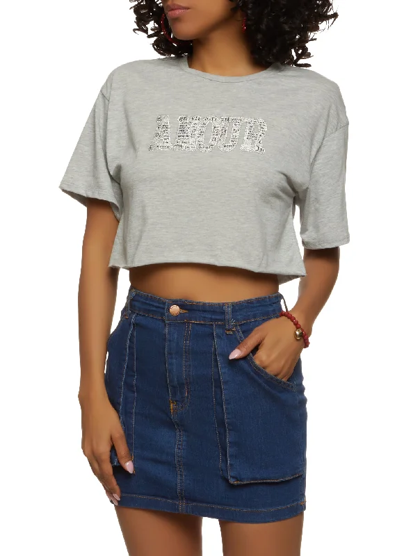 One Click Away from Big Savings!Amour Rhinestone Cropped Graphic Patch Tee